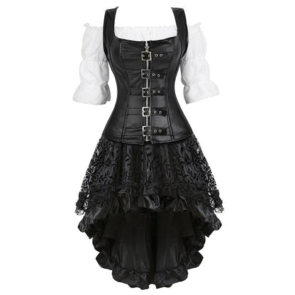 Women’s Pirate Corset Dress – Plus Size Brown Faux Leather Steampunk Costume with Off-Shoulder Blouse for Halloween Party Cosplay