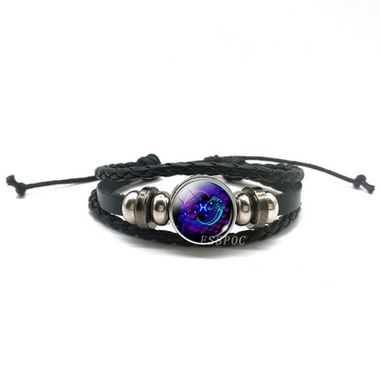 Handwoven Zodiac Leather Charm Bracelet – 12 Constellation Signs, Vintage Couple Gift for Women & Astrology Lovers