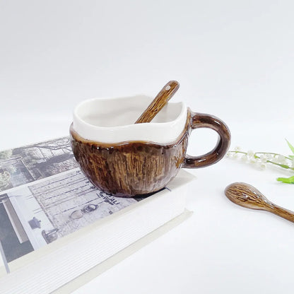 Retro Coconut Shell Ceramic Mug – Hand-Pinched Irregular Coffee and Milk Tea Cup for Vintage Aesthetic Drinkware Lovers