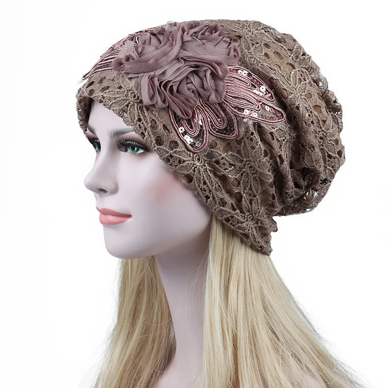 Women Lace Turban Cap for Women – Thin, Elegant Muslim Beanie with Sequin Flower, Chemo Bonnet for Hair Loss, Spring & Summer Headscarf