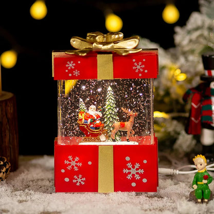 Christmas Popcorn Scene Music Gift Box – Rotating Santa Village Tabletop Decoration with Lights, Holiday Display Ornament for Kids & Home