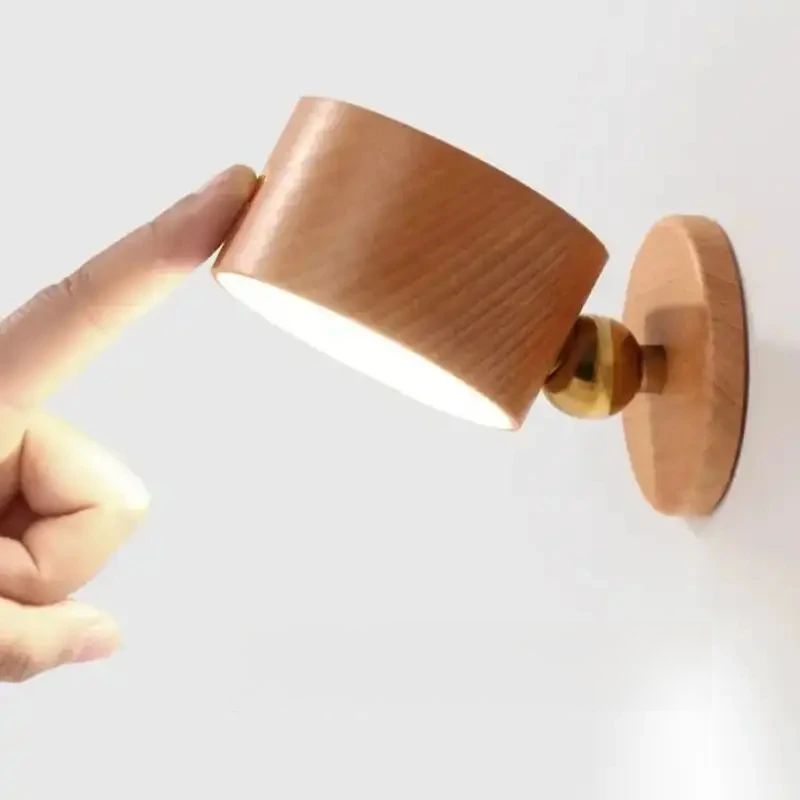 Wooden LED Bedside Reading Lamp – 360° Rotating Touch-Control Night Light, USB Rechargeable, Dimmable, Wall Mountable for Stylish Bedside Glow