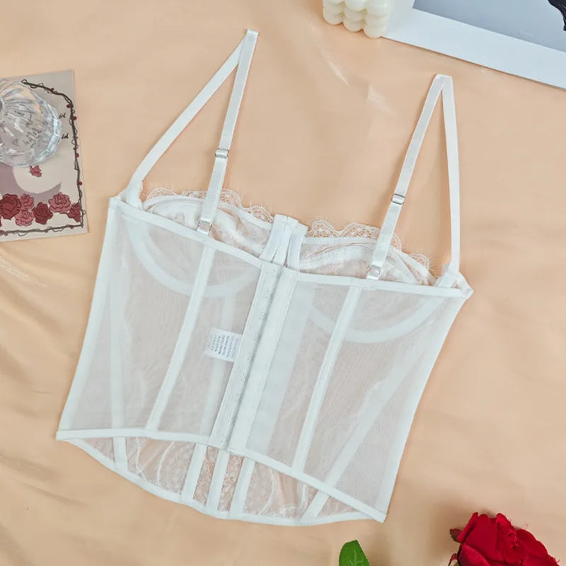 Lace Mesh Corset Top – Open Back Spaghetti Strap Bustier for Lingerie or Street Chic for Women