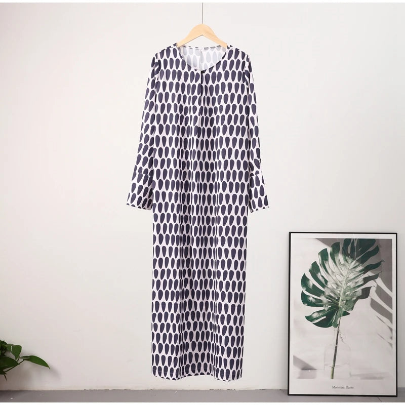 Floral Geometric Split Dress – Women’s Summer Long Sleeve V-Neck Ankle-Length Print Dress for Casual Fashion and Comfortable Elegance