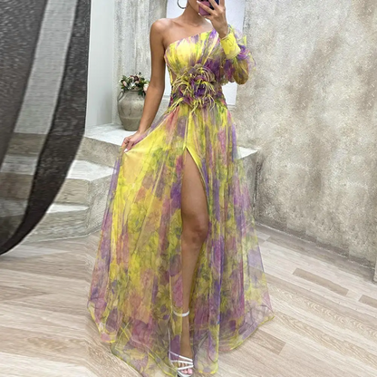 Mesh Tie Dye One-Shoulder Ball Gown with Slit – Floral Mesh Bubble Sleeve Split Evening Dress for Glamorous Events