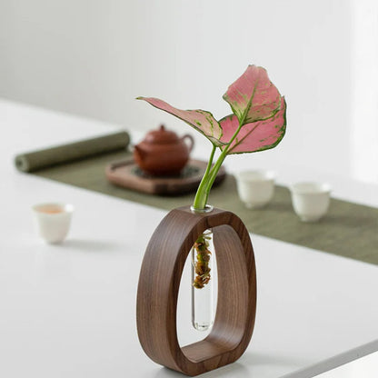 Mini Wood & Glass Flower Vase – Elegant Tabletop Flower Arrangement Pot for Water-Grown Plants and Decorative Styling
