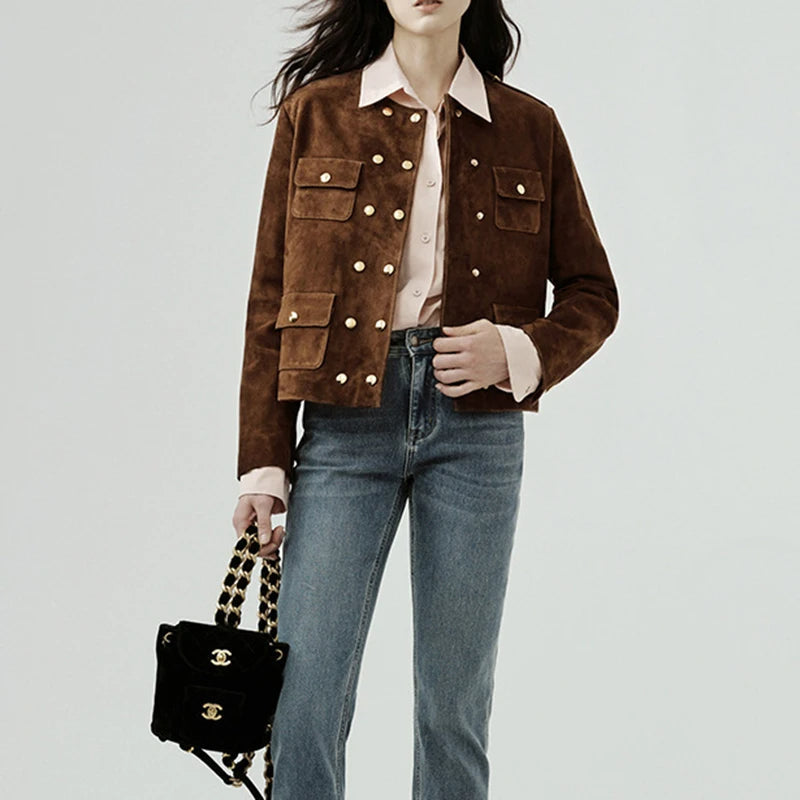 Snap Down Vintage Suede Short Coat – Slim Fit Double-Breasted Jacket with Gold Buttons for Autumn Elegance