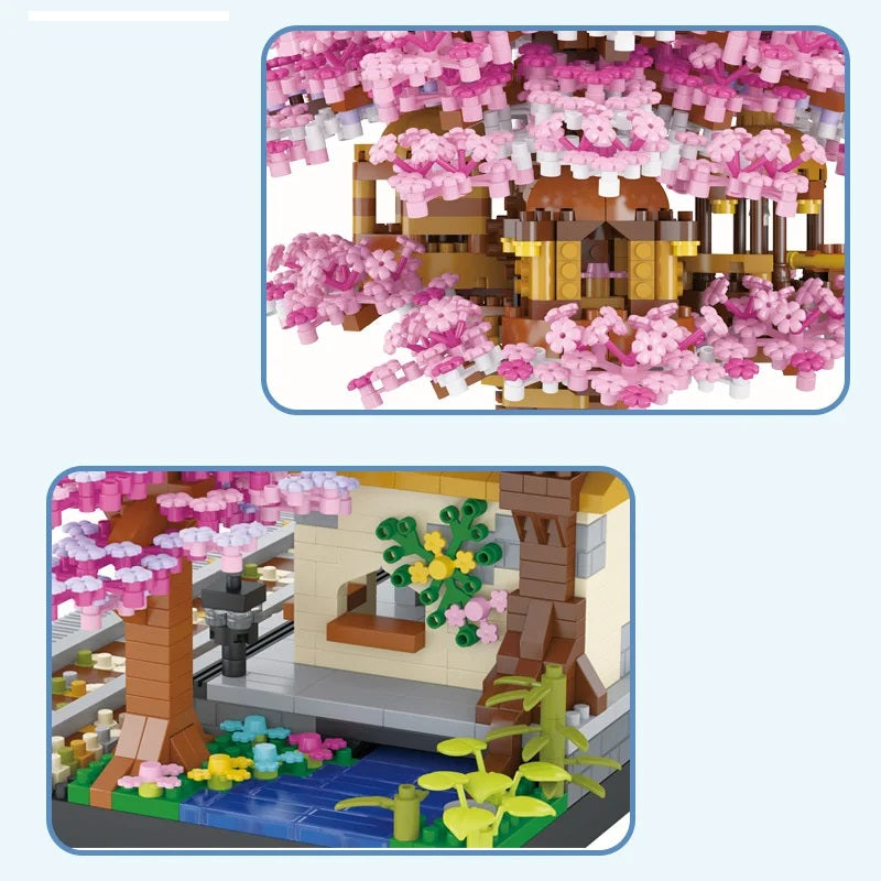 DIY Cherry Blossom Tree House Building Blocks – 2138pcs Pink Train Model Kit, Creative Assembly Toy for Kids and Collectors Gift