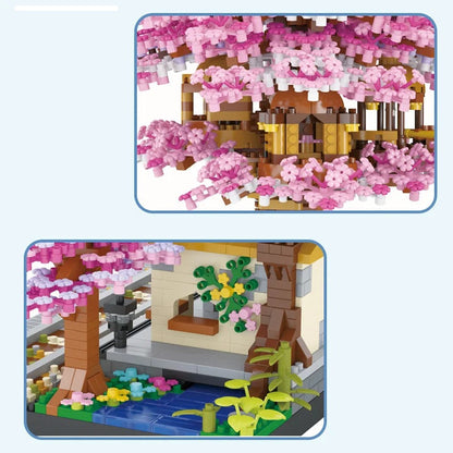 DIY Cherry Blossom Tree House Building Blocks – 2138pcs Pink Train Model Kit, Creative Assembly Toy for Kids and Collectors Gift