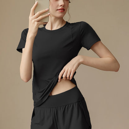 Women’s Two Piece Yoga Outfit – Stylish Mesh T-Shirt & High-Waist Shorts, Quick-Dry Stretch Active Set for Running & Studio Workouts