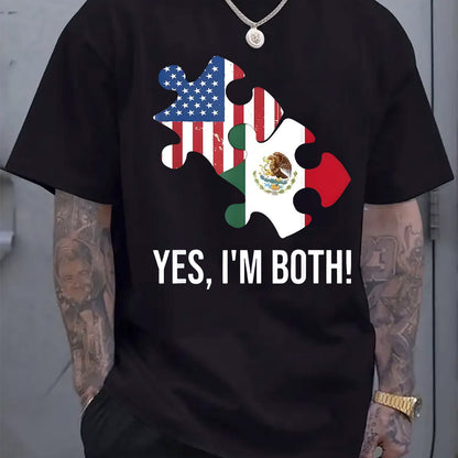 Men’s Dual-Cultural Graphic T-Shirt – Celebrate Heritage with Breathable Casual Tee Featuring USA & Mexico Flag Design for Summer Vibes