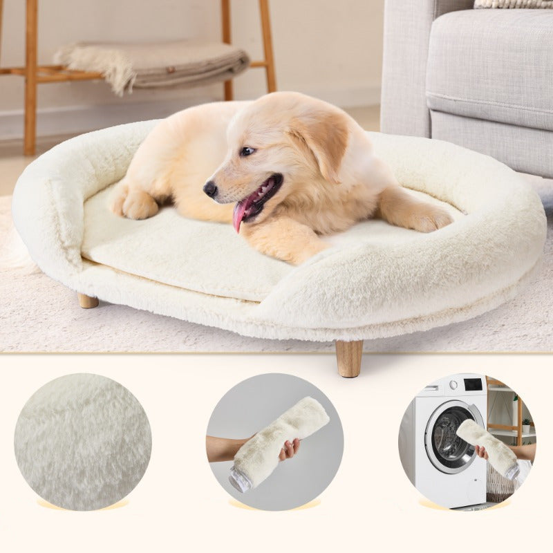 Medium Pet Sofa Beds – Thick Foam Dog & Cat Beds with Removable Fuzzy Covers & Solid Wood Anti-Slip Legs for Stylish Home Comfort