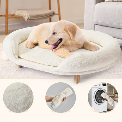 Medium Pet Sofa Beds – Thick Foam Dog & Cat Beds with Removable Fuzzy Covers & Solid Wood Anti-Slip Legs for Stylish Home Comfort