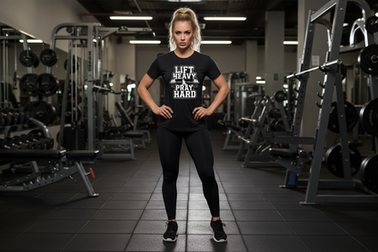 Women’s “Lift Heavy Pray Hard” Gym Shirt – Inspirational Fitness T-Shirt with Geometric Weightlifting Design, Soft Stretch Athletic Top for Workout and Daily Wear