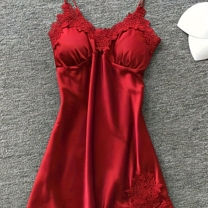 Women’s Satin Babydoll Sleep Dress – Sexy Lace V-Neck Mini Nightgown for Elegant and Flirty Sleepwear Style