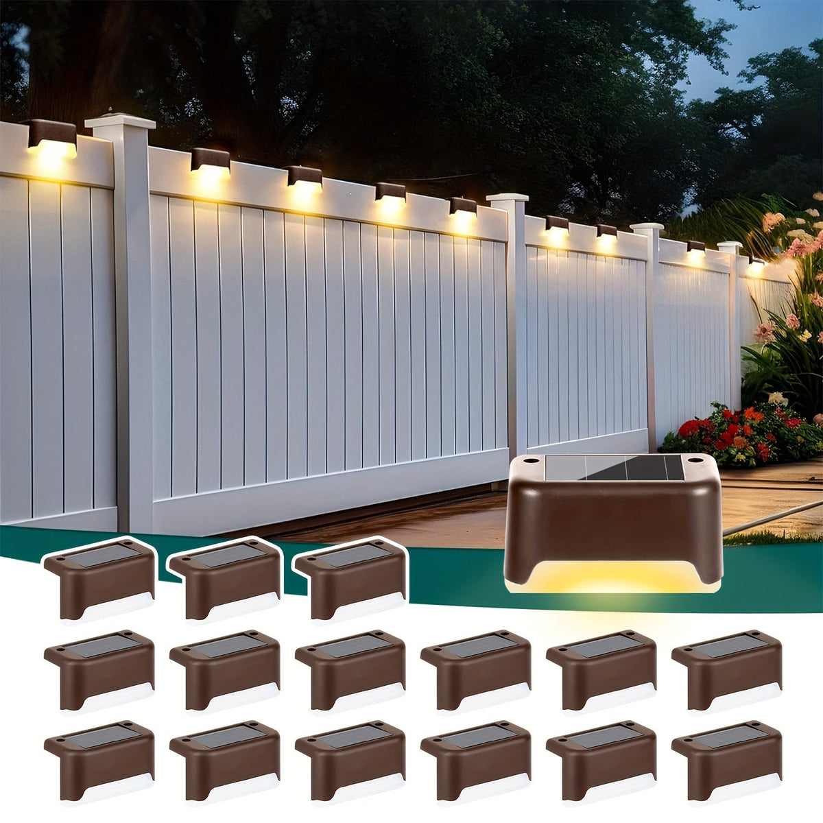 Outdoor Stair & Pathway Solar LED Deck Lights – 16pcs Lighting System with Auto On/Off, 12-Hour Runtime, Warm White Glow & Easy Installation for Homes, Hotels, Malls & Commercial Spaces