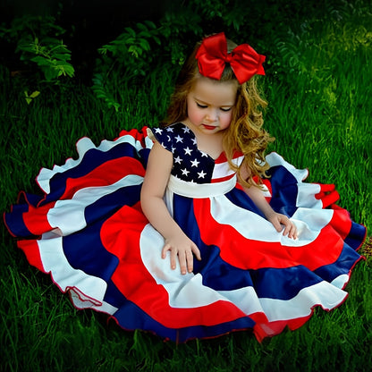 Girls’ Independence Day Twirl Dress – Red, White & Blue Stars & Stripes Short-Sleeve 4th of July Summer Dress