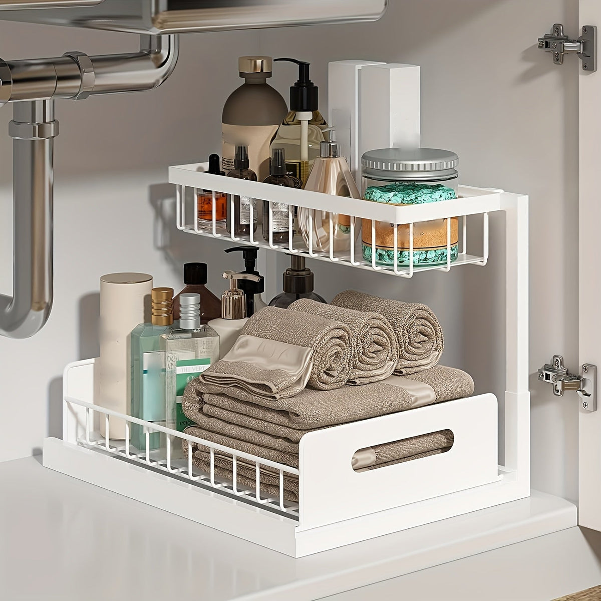 Two Tier Pull-Out Under Sink Organizer – Sliding Cabinet Shelf Storage for Kitchen or Bathroom, Space-Saving and Easy Access for Cleaning Supplies