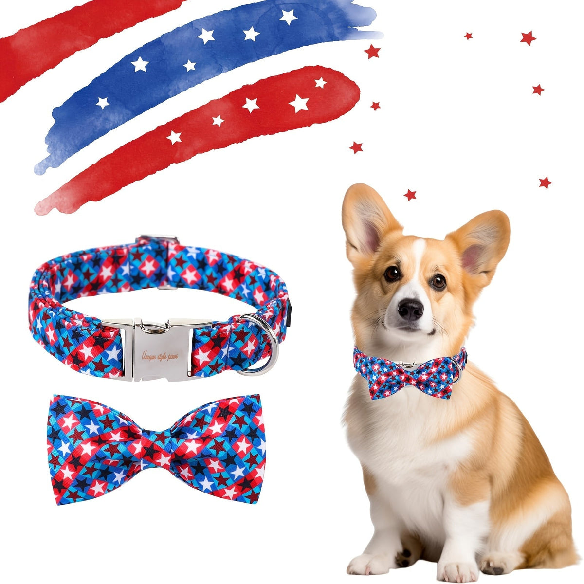 Patriotic American Stars Dog Collar with Bow – Adjustable 4th of July Pet Collar for Small & Large Dogs, Independence Day Accessory