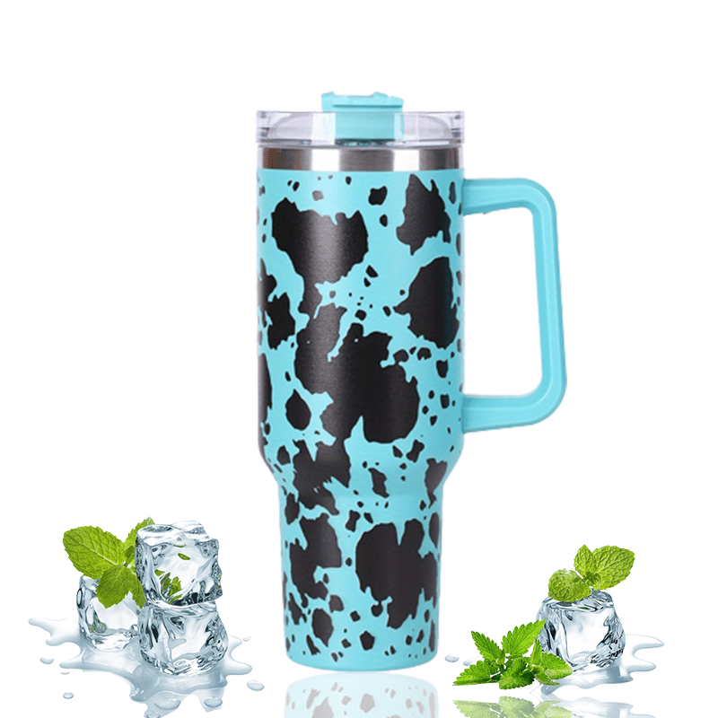 Stainless Steel Insulated Cow Print Tumbler – 40oz Travel Mug with Handle and Straw Lid, Heat-Preserving, Perfect Gift for Camping, Sports, and Outdoor Adventures