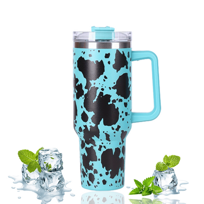 Stainless Steel Insulated Cow Print Tumbler – 40oz Travel Mug with Handle and Straw Lid, Heat-Preserving, Perfect Gift for Camping, Sports, and Outdoor Adventures