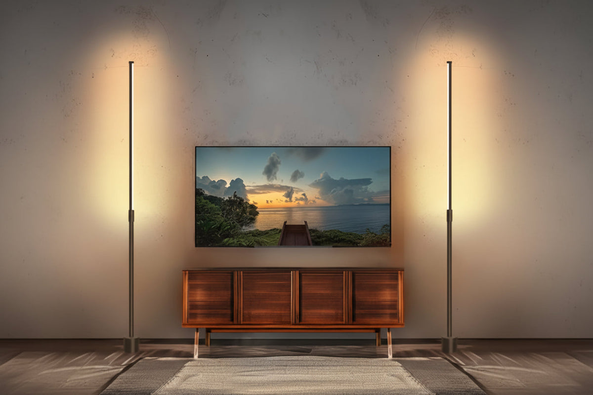 Minimalist LED Corner Floor Lamp – Dimmable Mood Lighting with Slim Black Stand for Modern Interior Spaces