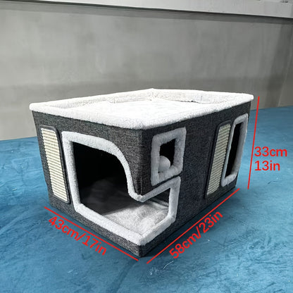 Multi-level Gray Cat Villa Bed – Soft Cave-Like Retreat with Scratch Post, Ideal for Resting, Hiding & Playing