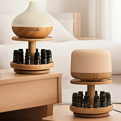 Vintage Wooden Essential Oil Display Rack – Double Layer Rotating Organizer with Glass Top for Stylish Aromatherapy Storage and Display