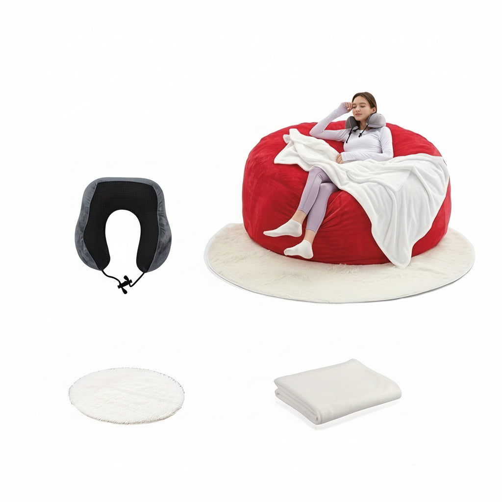 Oversized Bean Bag Sofa Chair –  6FT Memory Foam Lounger with Flannel Cover, Includes U-Shape Pillow, Blanket & Carpet Set