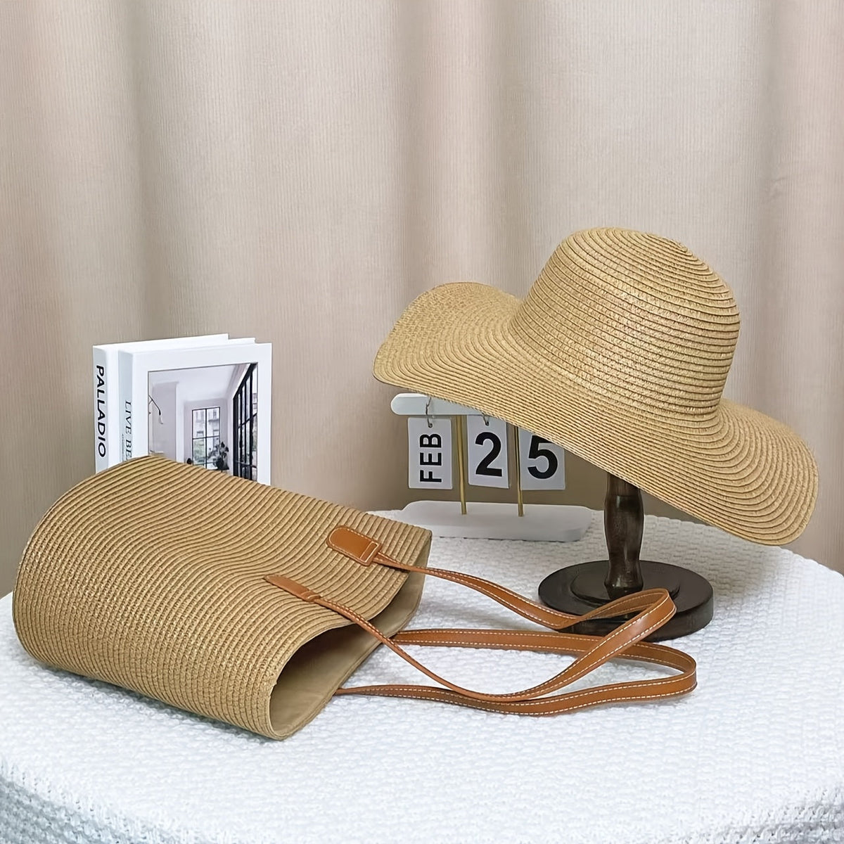 Bohemian Wide Brim Straw Hat and Bag Set – Women’s Summer Sun Hat with Matching Shoulder Bag, Beach and Travel Ready