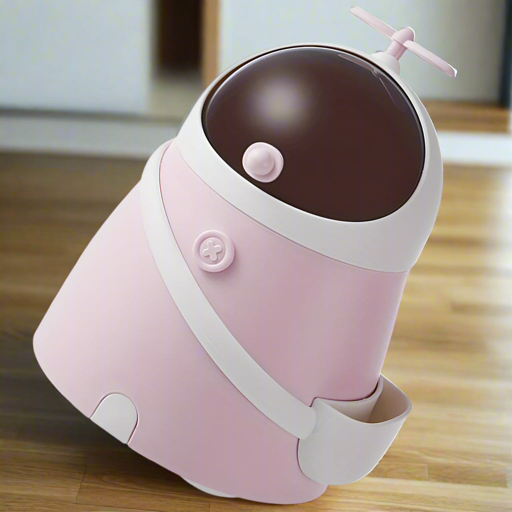 Cute Pink Space-Themed Trash Can – Compact Astronaut Design Desktop Waste Bin with 10 Liners, Durable Plastic Organizer for Bedroom, Office, and Fun Decor