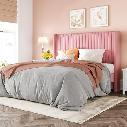 Queen Size Velvet Bed Frame | Vertical Channel Tufted Wingback Headboard