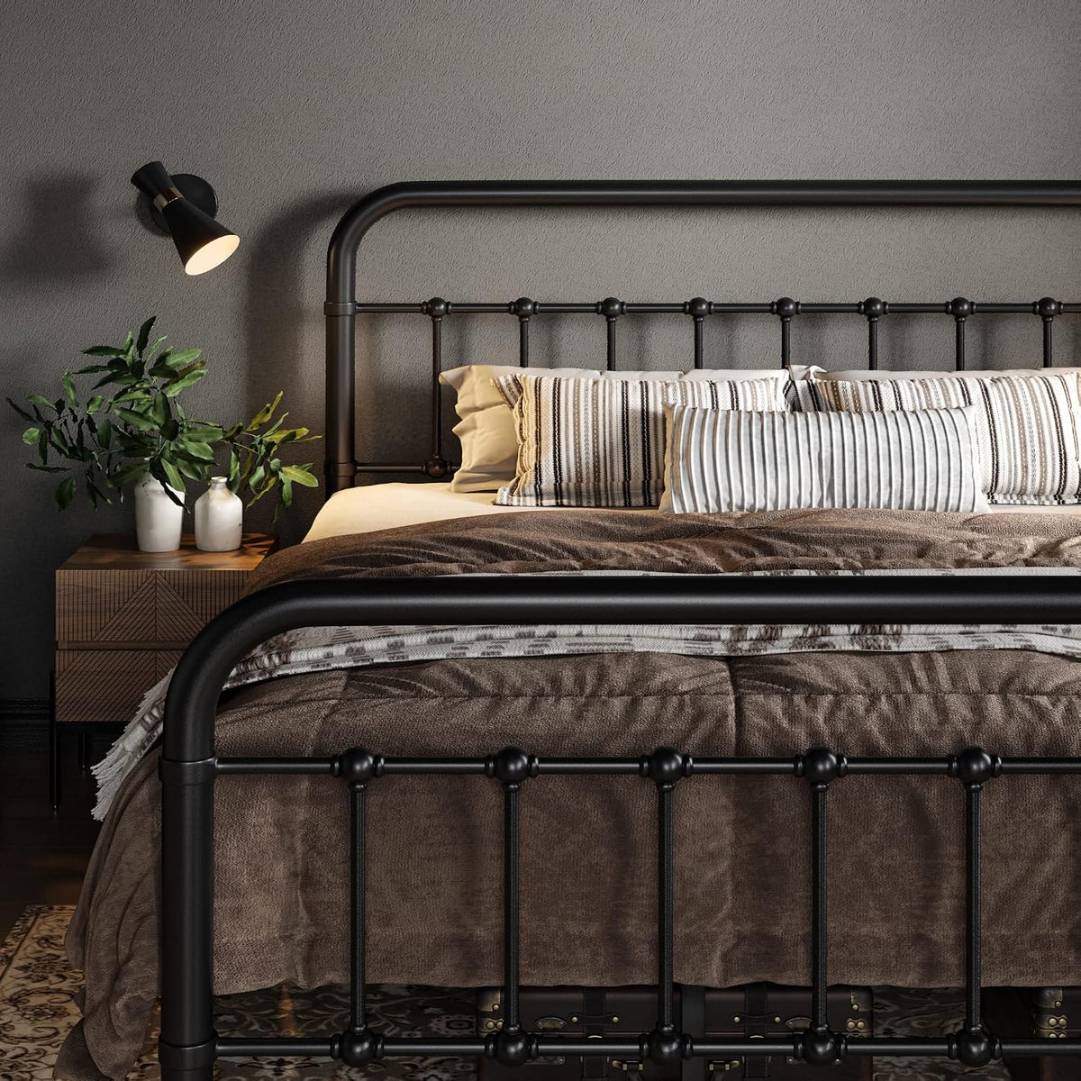 Queen Metal Bed Frame with Victorian Iron-Art Headboard