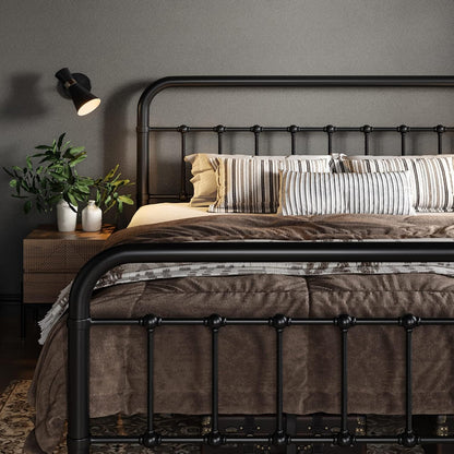 Queen Metal Bed Frame with Victorian Iron-Art Headboard