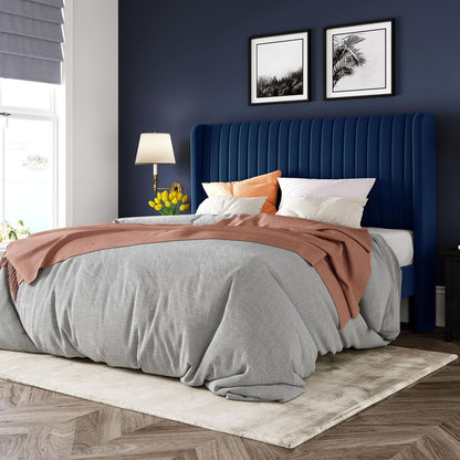 Queen Size Velvet Bed Frame | Vertical Channel Tufted Wingback Headboard