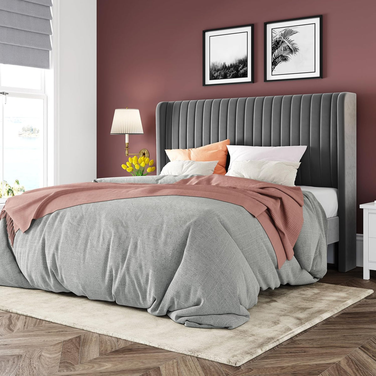 Queen Size Velvet Bed Frame | Vertical Channel Tufted Wingback Headboard