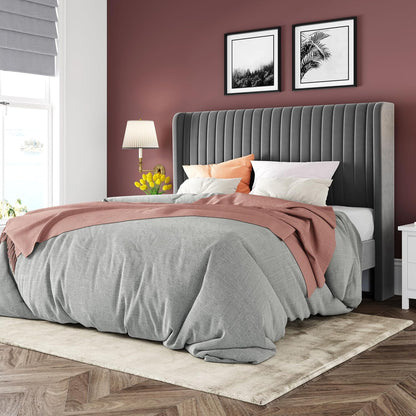 Queen Size Velvet Bed Frame | Vertical Channel Tufted Wingback Headboard