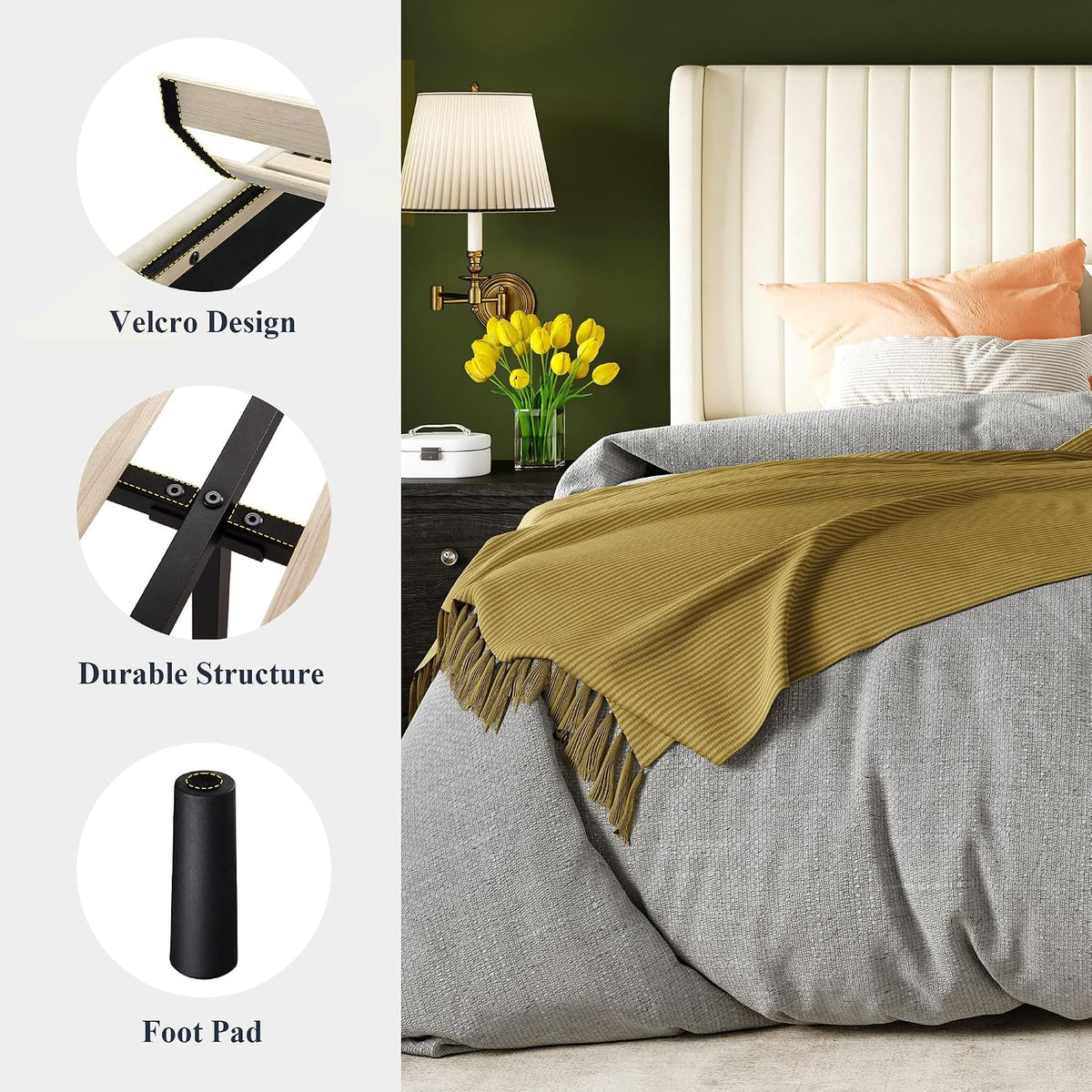 Queen Size Velvet Bed Frame | Vertical Channel Tufted Wingback Headboard