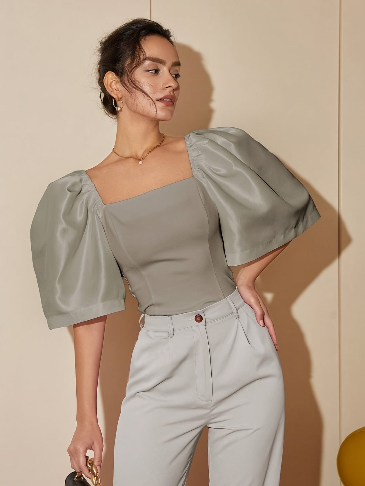 Chic Square Neck Lantern Sleeve Blouse – Woven Polyester Women’s Fashion Top for Spring/Summer Street Style with a Flattering Skinny Fit