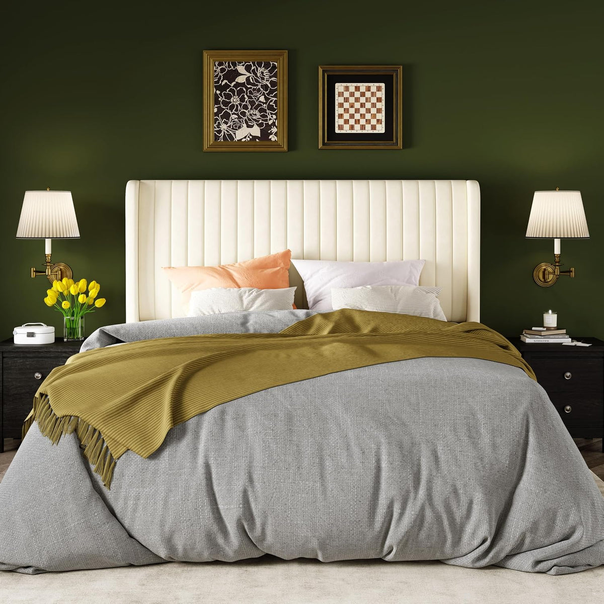 Queen Size Velvet Bed Frame | Vertical Channel Tufted Wingback Headboard