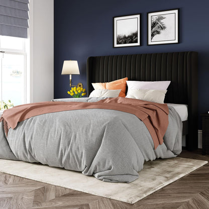 Queen Size Velvet Bed Frame | Vertical Channel Tufted Wingback Headboard