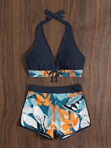 High Waisted Bikini Set – Conservative Print Swimsuit for Women with Flat Angle Cut, Tummy Control High Waist Split Design