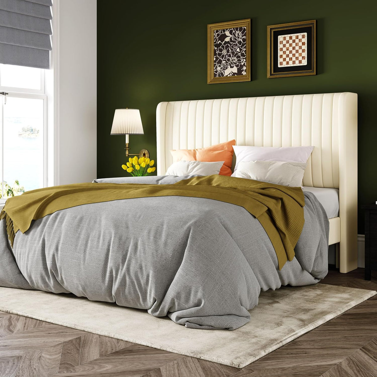 Queen Size Velvet Bed Frame | Vertical Channel Tufted Wingback Headboard
