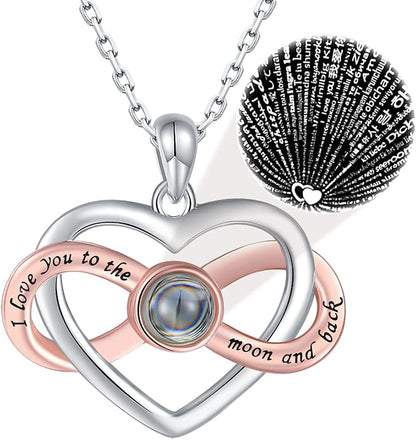 925  Silver 'I Love You' Projection Necklace – Infinity Heart Pendant with 100 Languages, Perfect Valentine's Gift for Her