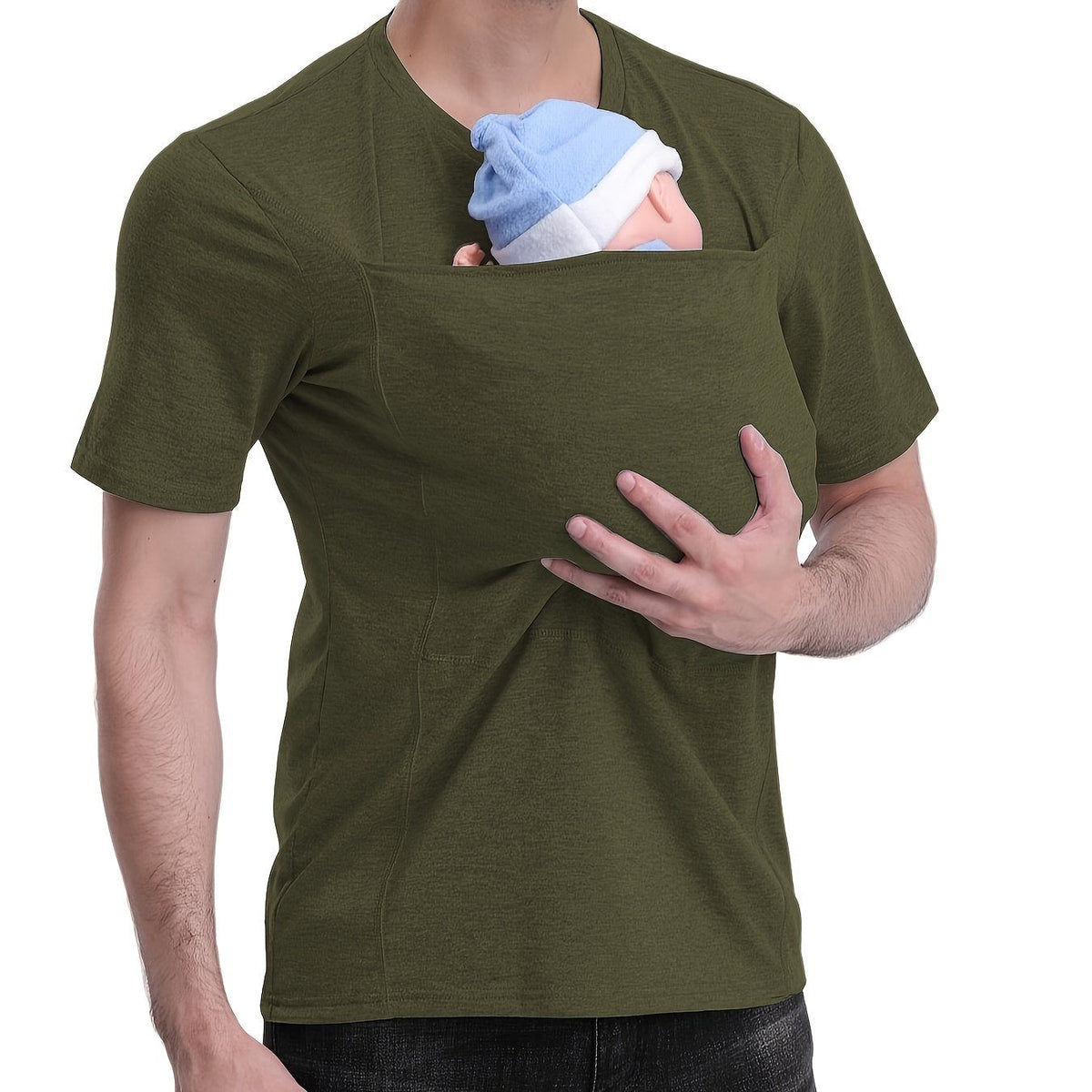 Men’s V-Neck Short Sleeve T-Shirt with Stylish Kangaroo Pocket – Breathable Polyester Blend Ideal for Everyday Casual Streetwear