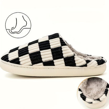 Women’s Plush Winter House Slippers – Warm Checkered Faux Fur Indoor Outdoor Non-Slip Bedroom Shoes