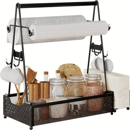 Metal Utensil Caddy with Paper Towel Holder – Sturdy Picnic and Camping Organizer for BBQ Essentials, Kitchen Tools, and Outdoor Dining Convenience