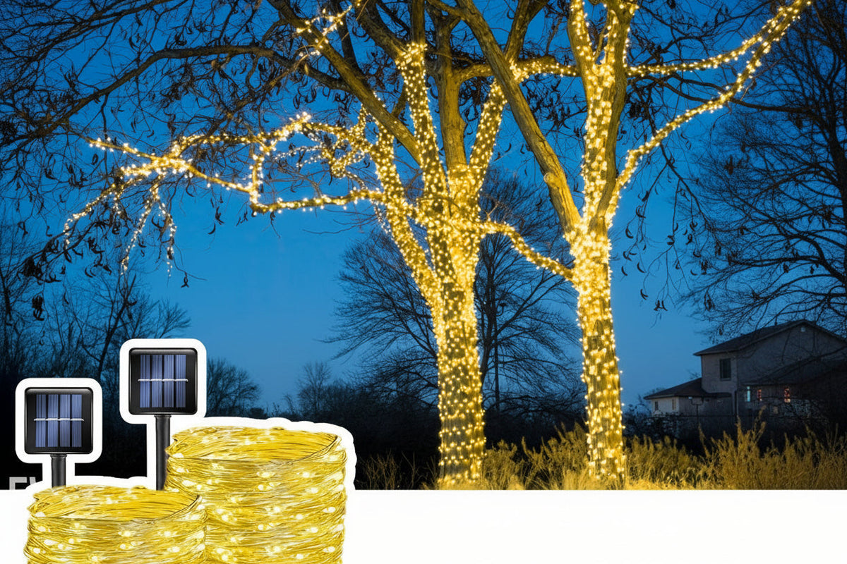 Solar Fairy 300LED Outdoor String Lights – 104ft Copper Wire Lighting with 8 Modes, Garden & Tree Decoration for Christmas, Parties & Weddings with NiMH Battery & Cable Management Reel