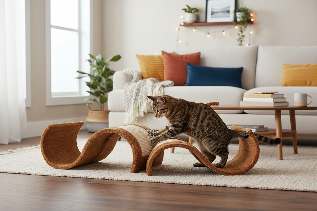 Solid Wood Cat Scratch Board- Durable, Wave-Shaped Scratch Surface Thatâ€™s Ready to Use, No Assembly Needed