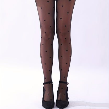 Heart Patterned High Waist Pantyhose – Semi-Sheer Women’s Stockings for Romantic Looks, Valentine's & Holiday Fashion Vibes